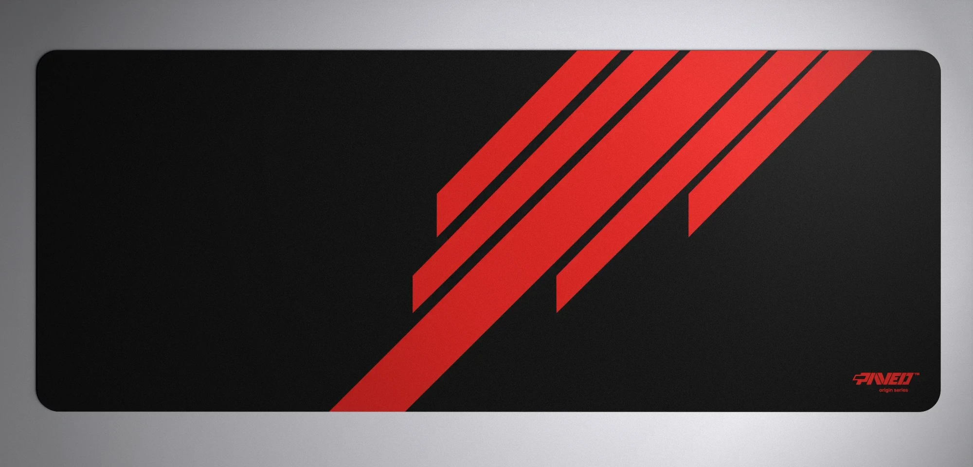 PAVED™ Origins Night Imperial Blade Runner gaming mousepad featuring minimalistic diagonal stripe design in red and black, available in XXL 1000mm x 400mm and M 360mm x 320mm sizes, right-handed and left-handed variants, water-resistant hydrophobic antimicrobial polyester surface with easy-to-clean finish and odour-free AreoFlex microruber base, 600% lighter than traditional mousepads.