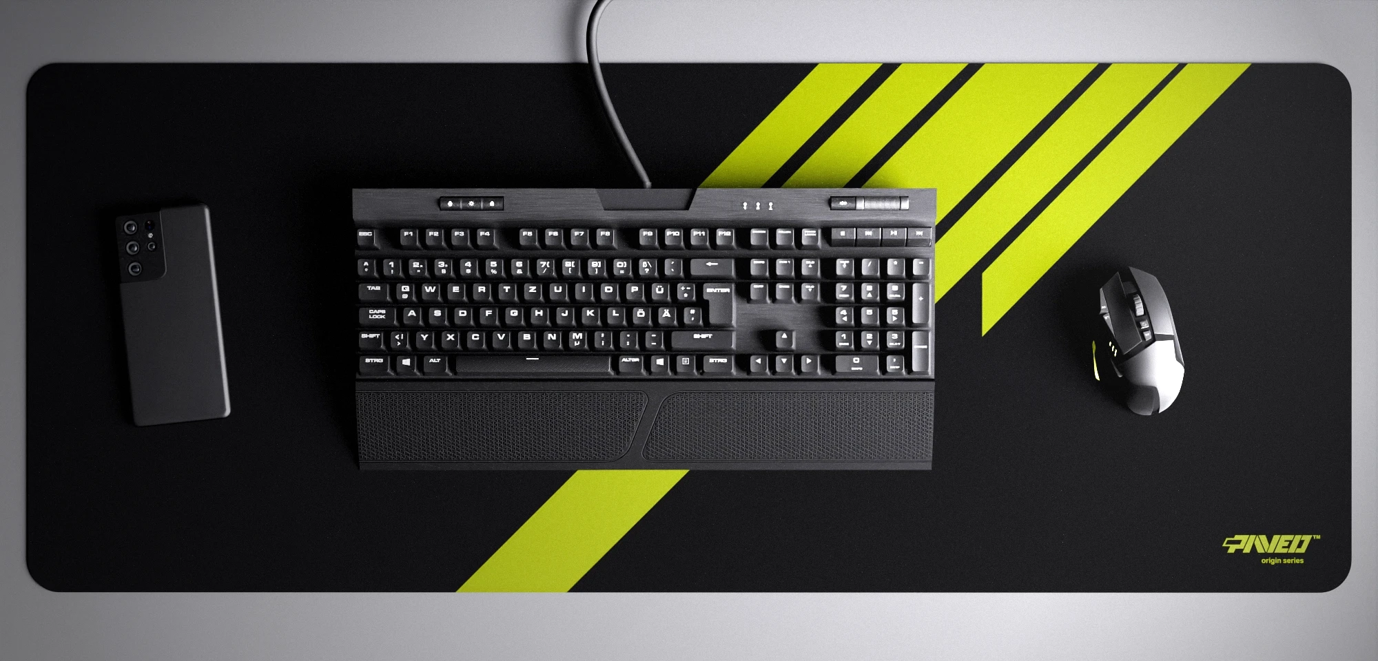 Top view of Night Toxic Blade Runner XXL deskmat 1000mm x 400mm right-handed variant with minimalistic diagonal stripe design in light green and black, hydrophobic easy-to-clean antimicrobial surface, shown with full-size mechanical keyboard, gaming mouse, and smartphone for scale, 600% lighter non-slip base with no rubbery smell, durable stitch-free edges.