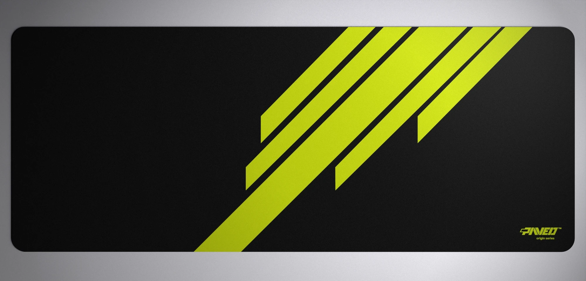 PAVED™ Origins Night Toxic Blade Runner gaming mousepad featuring minimalistic diagonal stripe design in light green and black, available in XXL 1000mm x 400mm and M 360mm x 320mm sizes, right-handed and left-handed variants, water-resistant hydrophobic antimicrobial polyester surface with easy-to-clean finish and odour-free AreoFlex microruber base, 600% lighter than traditional mousepads.