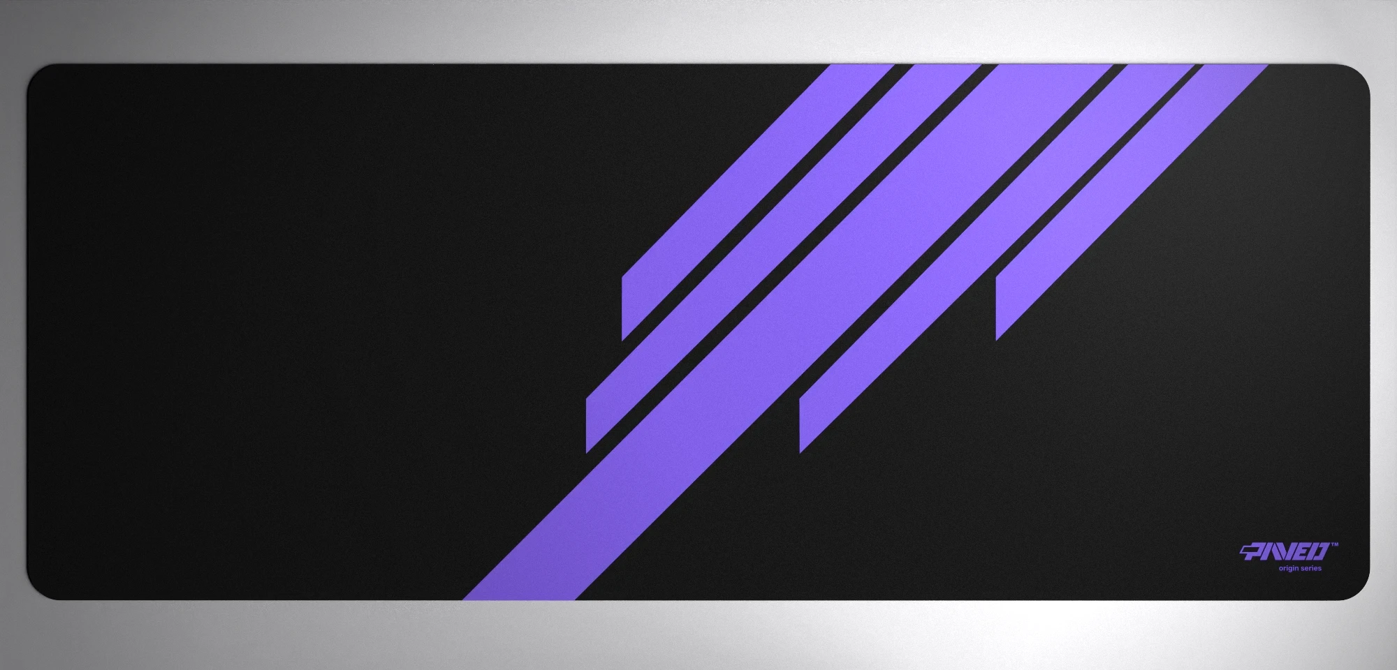 PAVED™ Origins Night Amethyst Blade Runner gaming mousepad featuring minimalistic diagonal stripe design in purple and black, available in XXL 1000mm x 400mm and M 360mm x 320mm sizes, right-handed and left-handed variants, water-resistant hydrophobic antimicrobial polyester surface with easy-to-clean finish and odour-free AreoFlex microruber base, 600% lighter than traditional mousepads.