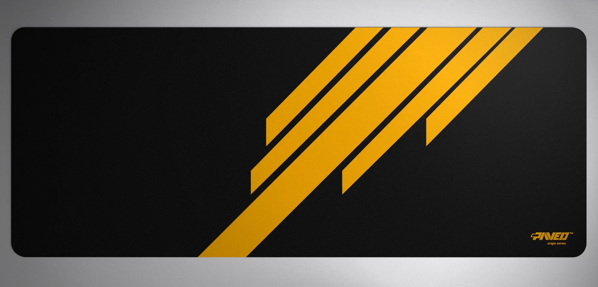 PAVED™ Origins Night Desert Blade Runner gaming mousepad featuring minimalistic diagonal stripe design in deep yellow and black, available in XXL 1000mm x 400mm and M 360mm x 320mm sizes, right-handed and left-handed variants, water-resistant hydrophobic antimicrobial polyester surface with easy-to-clean finish and odour-free AreoFlex microruber base, 600% lighter than traditional mousepads.