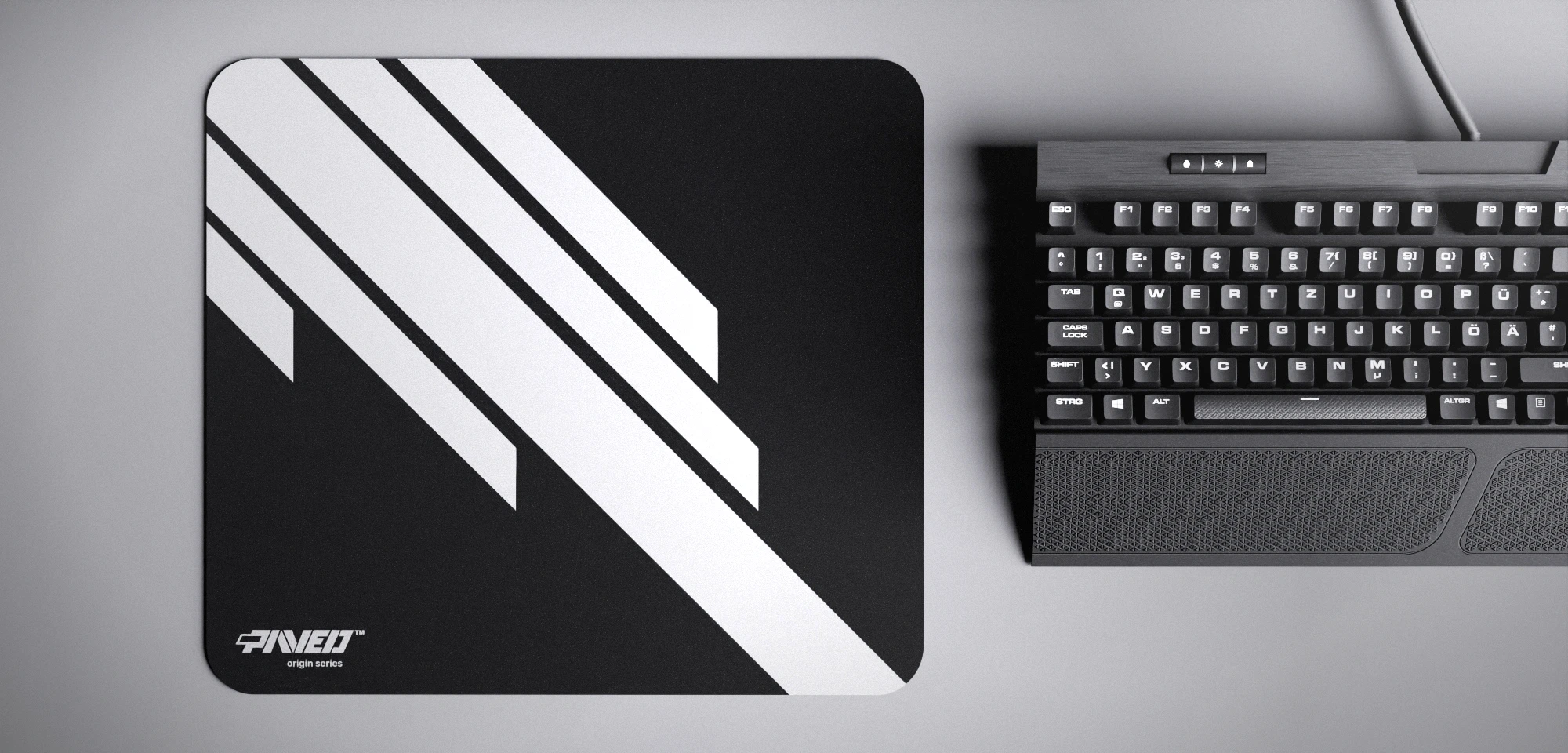 Top view of Night Blade Runner M size mousepad 360mm x 320mm left-handed variant with minimalistic white diagonal stripe design on black background, water-resistant antimicrobial polyester surface, shown with full-size mechanical keyboard for scale, ultra-lightweight odour-free AreoFlex base, stitch-free edges.