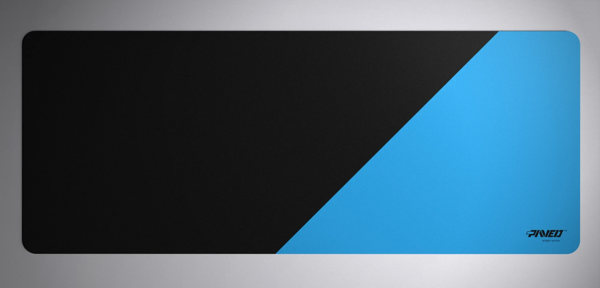 PAVED™ Origins Sky Edge Runner gaming mousepad featuring minimalistic diagonal split design in blue and black, available in XXL 1000mm x 400mm and M 360mm x 320mm sizes, right-handed and left-handed variants, water-resistant hydrophobic antimicrobial polyester surface with easy-to-clean finish and odour-free AreoFlex microruber base, 600% lighter than traditional mousepads.