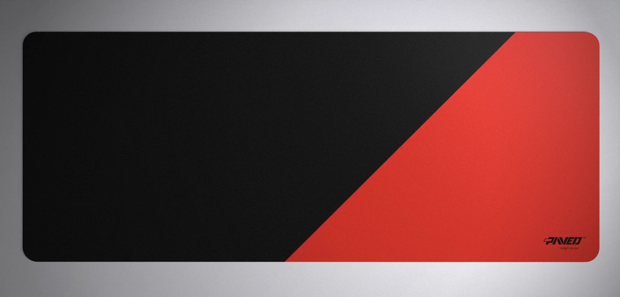 PAVED™ Origins Imperial Edge Runner gaming mousepad featuring minimalistic diagonal split design in red and black, available in XXL 1000mm x 400mm and M 360mm x 320mm sizes, right-handed and left-handed variants, water-resistant hydrophobic antimicrobial polyester surface with easy-to-clean finish and odour-free AreoFlex microruber base, 600% lighter than traditional mousepads.
