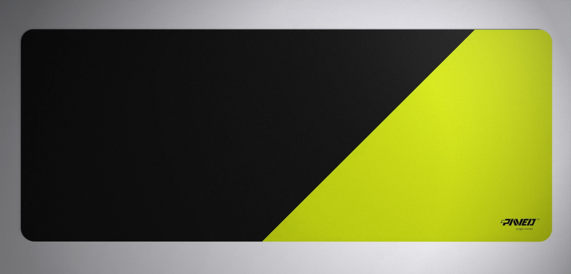 PAVED™ Origins Toxic Edge Runner gaming mousepad featuring minimalistic diagonal split design in light green and black, available in XXL 1000mm x 400mm and M 360mm x 320mm sizes, right-handed and left-handed variants, water-resistant hydrophobic antimicrobial premium textile surface with easy-to-clean finish and odour-free AreoFlex microruber base, 600% lighter than traditional mousepads.
