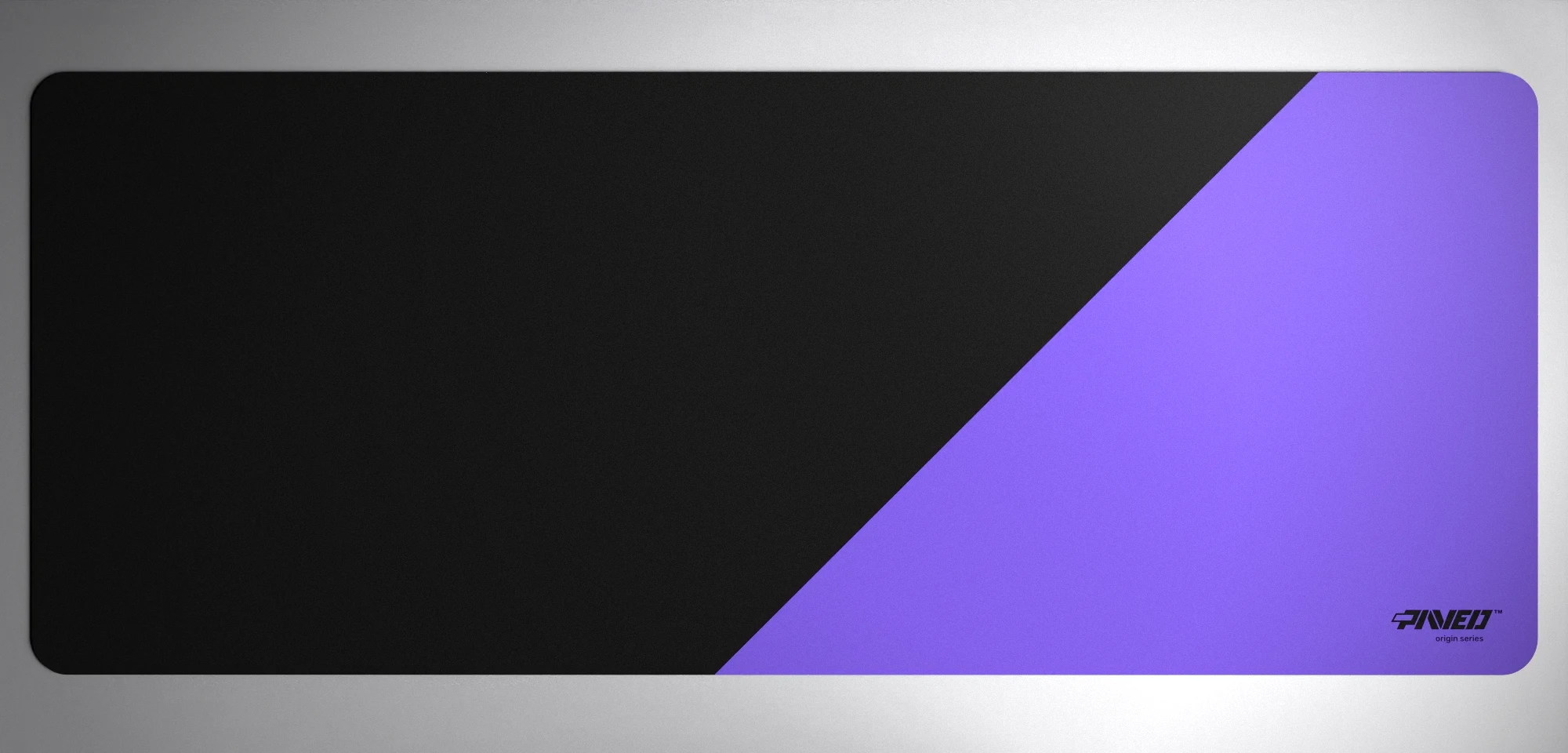 PAVED™ Origins Amethyst Edge Runner gaming mousepad featuring minimalistic diagonal split design in purple and black, available in XXL 1000mm x 400mm and M 360mm x 320mm sizes, right-handed and left-handed variants, water-resistant hydrophobic antimicrobial polyester surface with easy-to-clean finish and odour-free AreoFlex microruber base, 600% lighter than traditional mousepads.