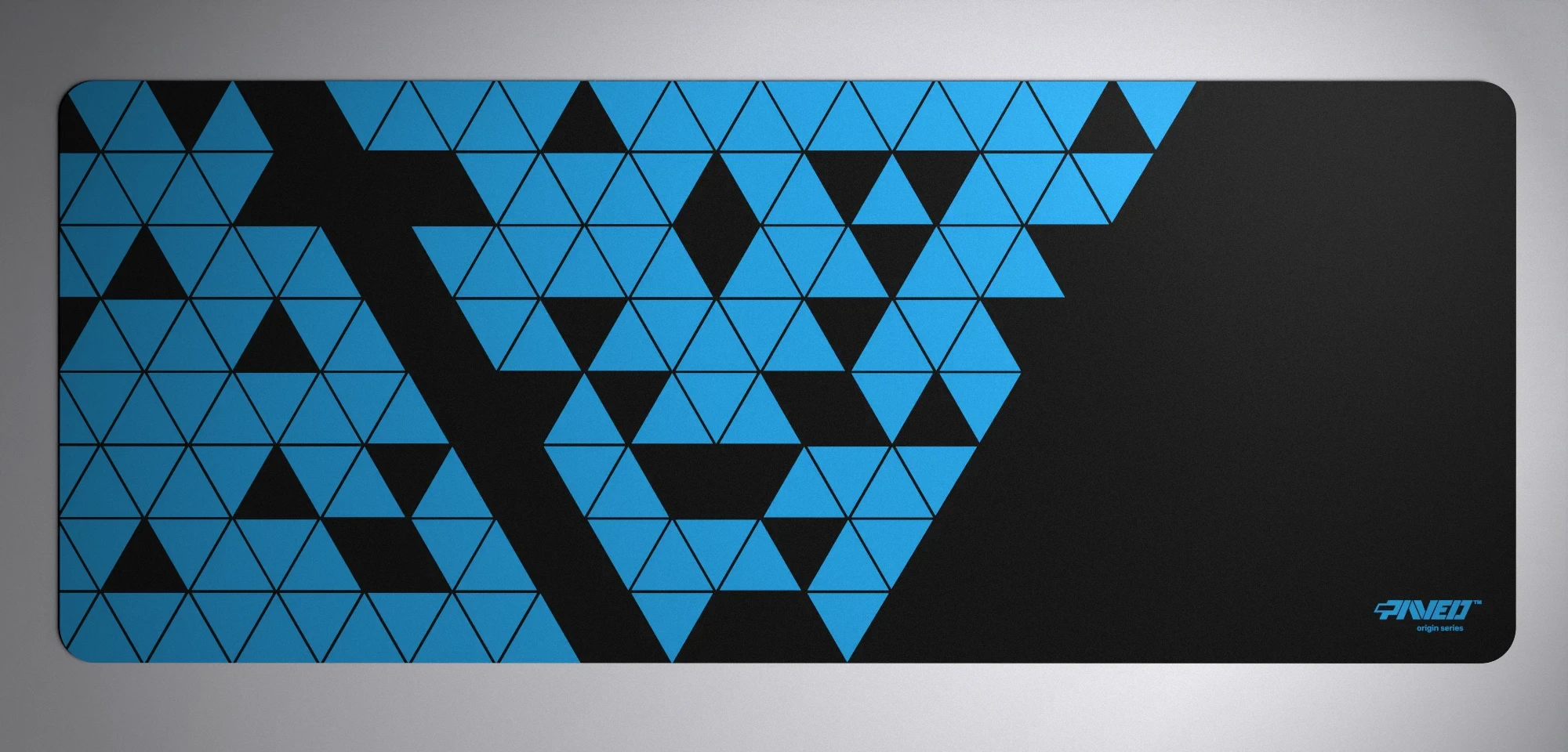 PAVED™ Origins Night Sky Prism gaming mousepad featuring minimalistic geometric triangular pattern in sky blue and black, available in XXL 1000mm x 400mm and M 360mm x 320mm sizes, right-handed and left-handed variants, water-resistant hydrophobic antimicrobial polyester surface with easy-to-clean finish and odour-free AreoFlex microruber base, 600% lighter than traditional mousepads.