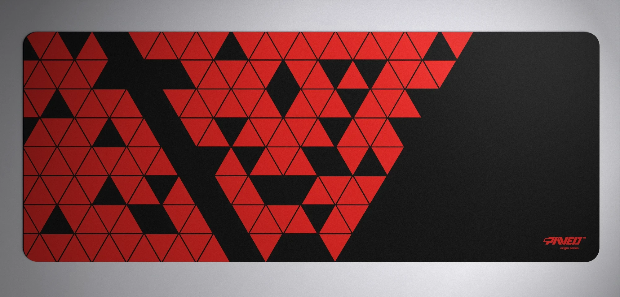 PAVED Origins Night Imperial Prism gaming deskmat featuring minimalistic geometric triangular pattern in red and black, available in XXL 1000mm x 400mm and M 360mm x 320mm sizes, right-handed and left-handed variants, water-resistant hydrophobic antimicrobial polyester surface with easy-to-clean finish and odour-free AreoFlex microruber base, 600% lighter than traditional mousepads.