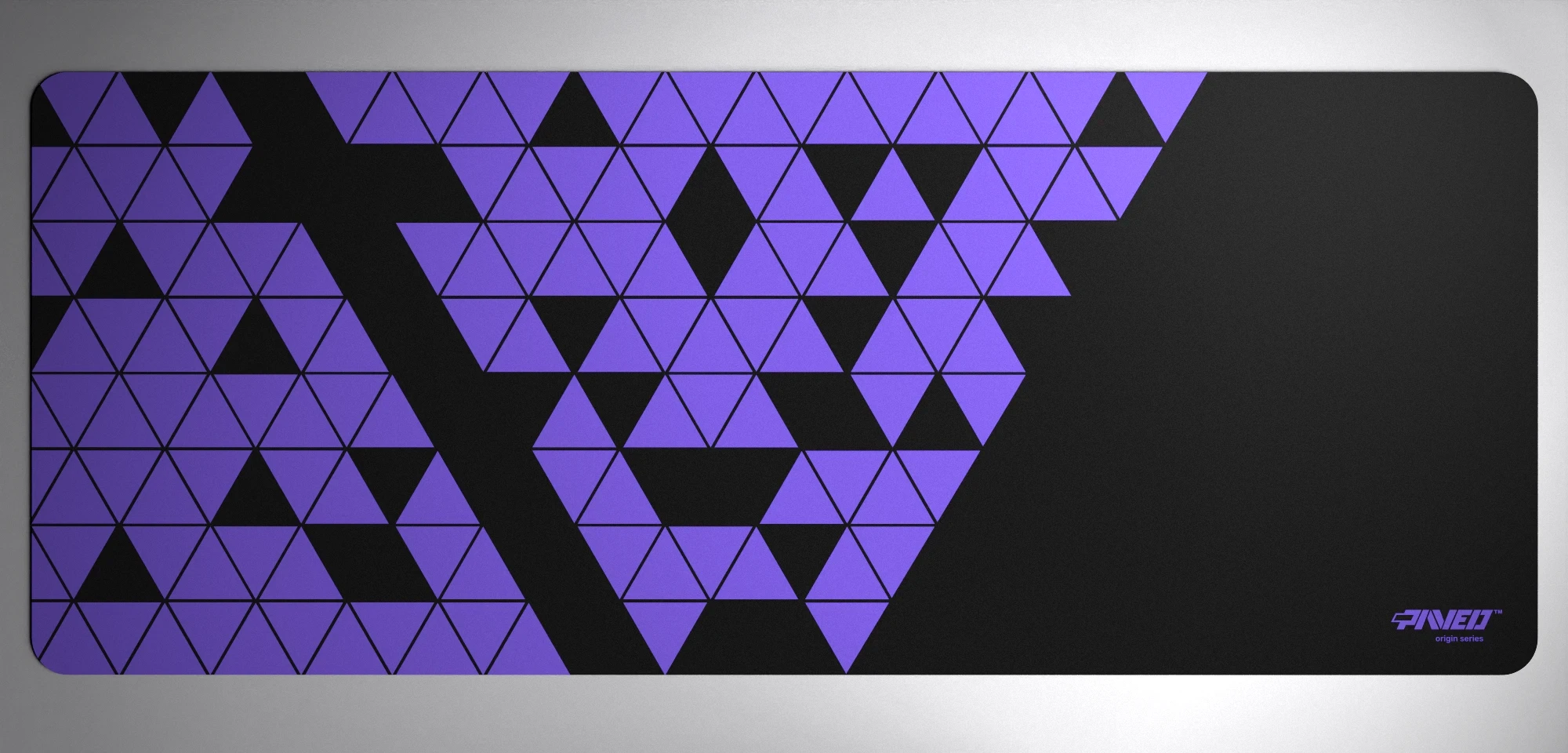 PAVED Origins Night Amethyst Prism gaming deskmat featuring minimalistic geometric triangular pattern in purple and black, available in XXL 1000mm x 400mm and M 360mm x 320mm sizes, right-handed and left-handed variants, water-resistant hydrophobic antimicrobial polyester surface with easy-to-clean finish and odour-free AreoFlex microruber base, 600% lighter than traditional mousepads.