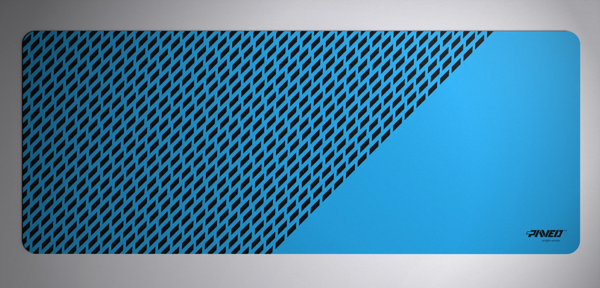 PAVED™ Origins Sky Panther gaming mousepad featuring minimalistic diagonal split design with geometric panther spot pattern in blue and black, available in XXL 1000mm x 400mm and M 360mm x 320mm sizes, right-handed and left-handed variants, water-resistant hydrophobic antimicrobial polyester surface with easy-to-clean finish and odour-free AreoFlex microruber base, 600% lighter than traditional mousepads.