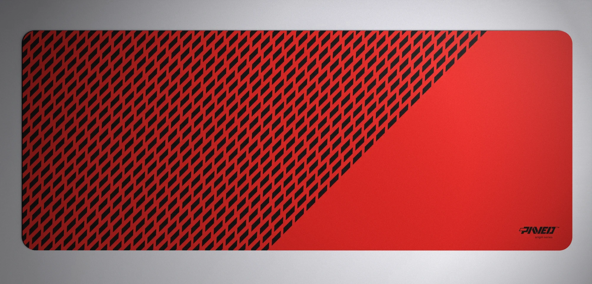 PAVED™ Origins Imperial Panther gaming mousepad featuring minimalistic diagonal split design with geometric panther spot pattern in red and black, available in XXL 1000mm x 400mm and M 360mm x 320mm sizes, right-handed and left-handed variants, water-resistant hydrophobic antimicrobial polyester surface with easy-to-clean finish and odour-free AreoFlex microruber base, 600% lighter than traditional mousepads.