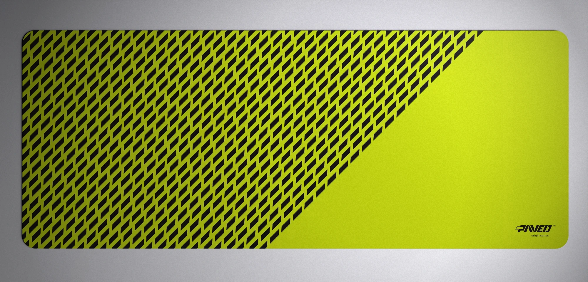 PAVED™ Origins Toxic Panther gaming mousepad featuring minimalistic diagonal split design with geometric panther spot pattern in light green and black, available in XXL 1000mm x 400mm and M 360mm x 320mm sizes, right-handed and left-handed variants, water-resistant hydrophobic antimicrobial polyester surface with easy-to-clean finish and odour-free AreoFlex microruber base, 600% lighter than traditional mousepads.