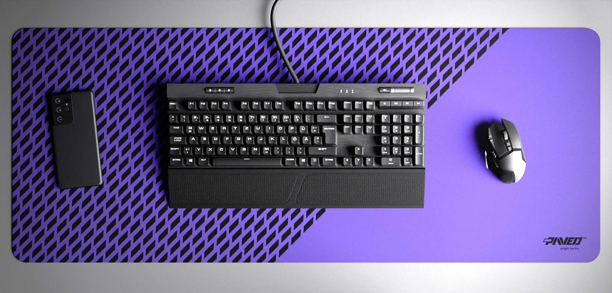 Top view of Amethyst Panther XXL deskmat 1000mm x 400mm right-handed variant with minimalistic diagonal split design and geometric panther spot pattern in purple and black, hydrophobic easy-to-clean antimicrobial surface, shown with full-size mechanical keyboard, gaming mouse, and smartphone for scale, 600% lighter non-slip base with no rubbery smell, durable stitch-free edges.