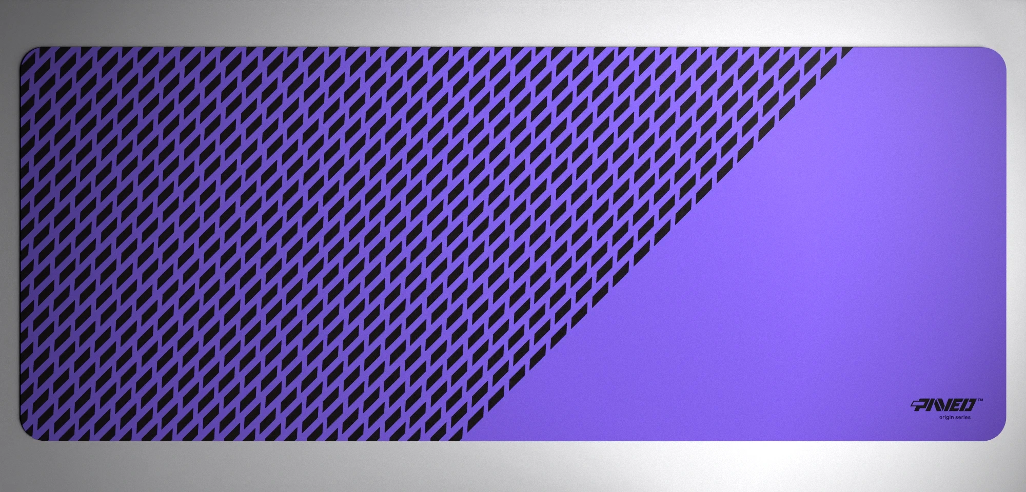 PAVED™ Origins Amethyst Panther gaming mousepad featuring minimalistic diagonal split design with geometric panther spot pattern in purple and black, available in XXL 1000mm x 400mm and M 360mm x 320mm sizes, right-handed and left-handed variants, water-resistant hydrophobic antimicrobial polyester surface with easy-to-clean finish and odour-free AreoFlex microruber base, 600% lighter than traditional mousepads.