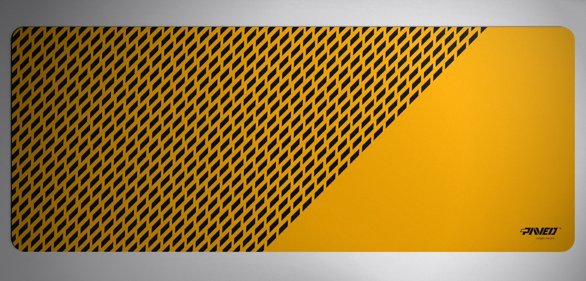 PAVED™ Origins Desert Panther gaming mousepad featuring minimalistic diagonal split design with geometric panther spot pattern in deep yellow and black, available in XXL 1000mm x 400mm and M 360mm x 320mm sizes, right-handed and left-handed variants, water-resistant hydrophobic antimicrobial polyester surface with easy-to-clean finish and odour-free AreoFlex microruber base, 600% lighter than traditional mousepads.