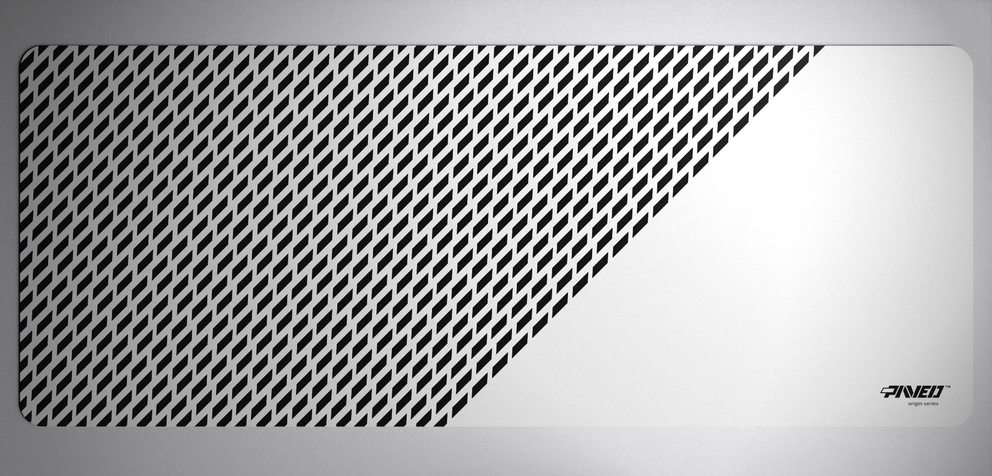 PAVED™ Origins Polar Panther gaming mousepad featuring minimalistic diagonal split design with geometric panther spot pattern in white and black, available in XXL 1000mm x 400mm and M 360mm x 320mm sizes, right-handed and left-handed variants, water-resistant hydrophobic antimicrobial polyester surface with easy-to-clean finish and odour-free AreoFlex microruber base, 600% lighter than traditional mousepads.