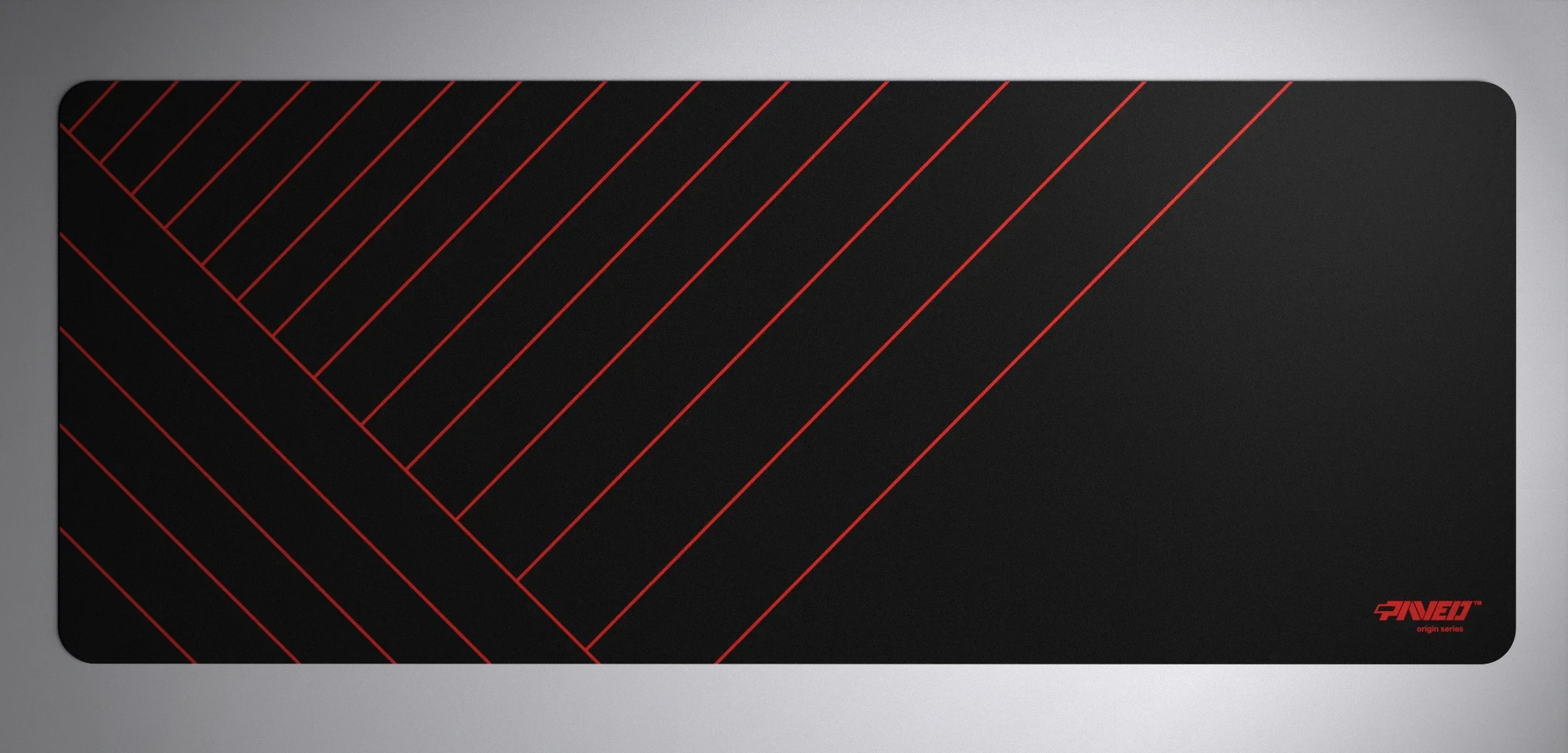 PAVED Origins Night Imperial Zebra gaming mousepad featuring minimalistic diagonal stripe pattern in red and black, available in XXL 1000mm x 400mm and M 360mm x 320mm sizes, right-handed and left-handed variants, water-resistant hydrophobic antimicrobial polyester surface with easy-to-clean finish and odour-free AreoFlex microruber base, 600% lighter than traditional mousepads.