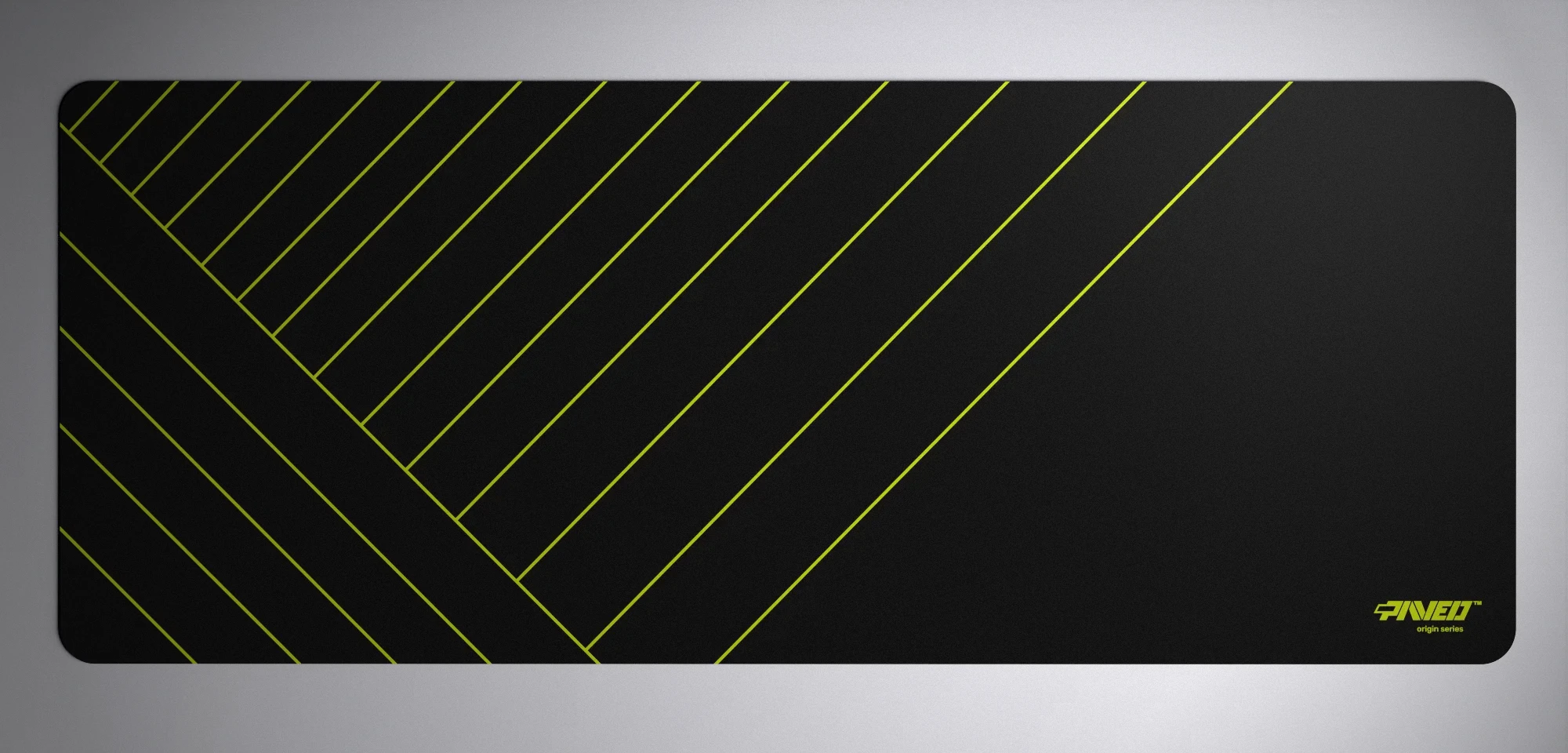 PAVED Origins Night Toxic Zebra gaming mousepad featuring minimalistic diagonal stripe pattern in light green and black, available in XXL 1000mm x 400mm and M 360mm x 320mm sizes, right-handed and left-handed variants, water-resistant hydrophobic antimicrobial polyester surface with easy-to-clean finish and odour-free AreoFlex microruber base, 600% lighter than traditional mousepads