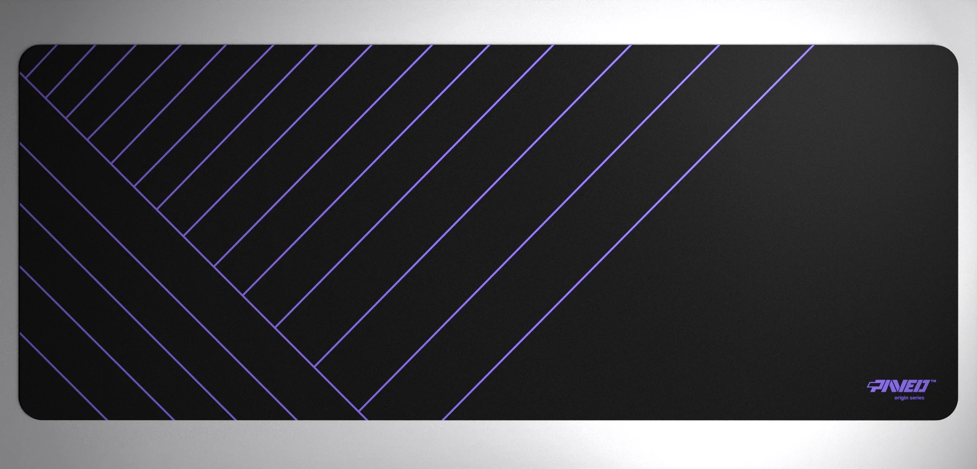 PAVED™ Origins Night Amethyst Zebra gaming mousepad featuring minimalistic diagonal stripe pattern in purple and black, available in XXL 1000mm x 400mm and M 360mm x 320mm sizes, right-handed and left-handed variants, water-resistant hydrophobic antimicrobial polyester surface with easy-to-clean finish and odour-free AreoFlex microruber base, 600% lighter than traditional mousepads.