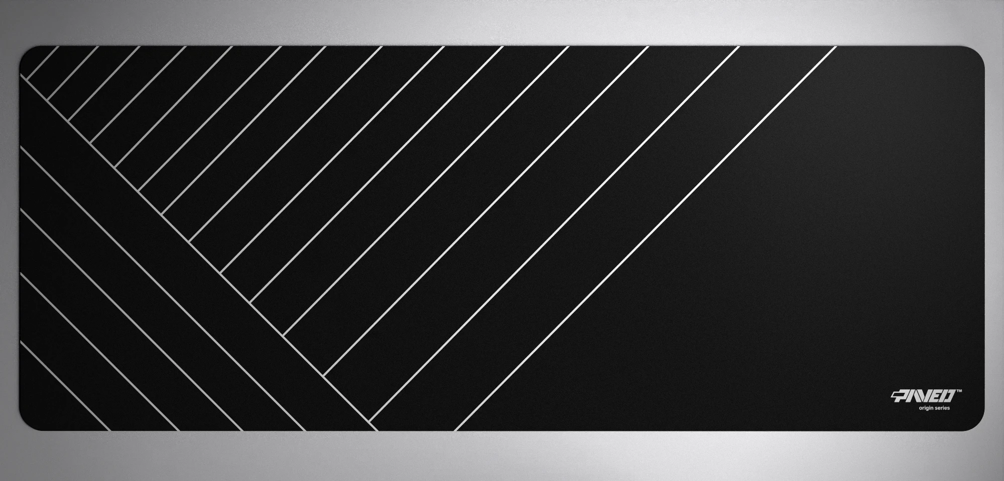 PAVED Origins Night Zebra gaming mousepad featuring minimalistic diagonal stripe pattern in white and black, available in XXL 1000mm x 400mm and M 360mm x 320mm sizes, right-handed and left-handed variants, water-resistant hydrophobic antimicrobial polyester surface with easy-to-clean finish and odour-free AreoFlex microruber base, 600% lighter than traditional mousepads.