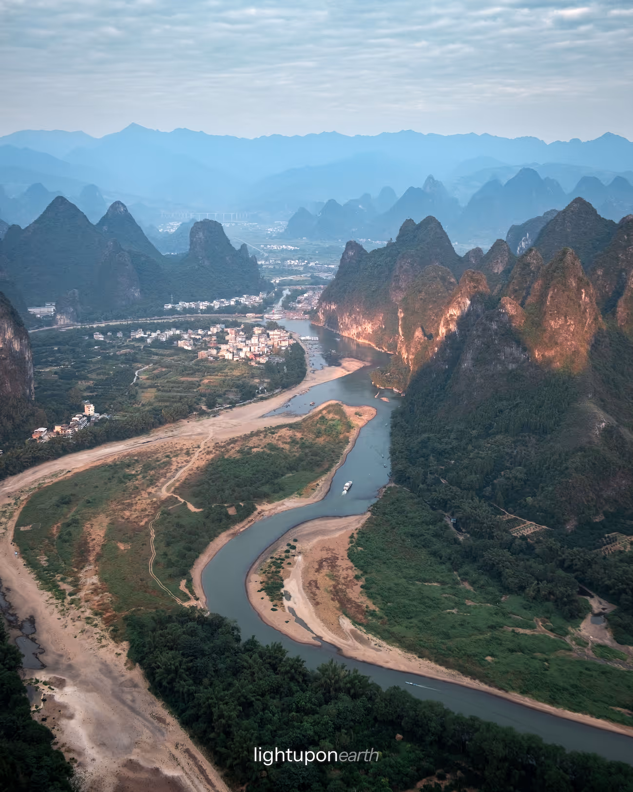 Xingping town viewed from damian mountain at sunset