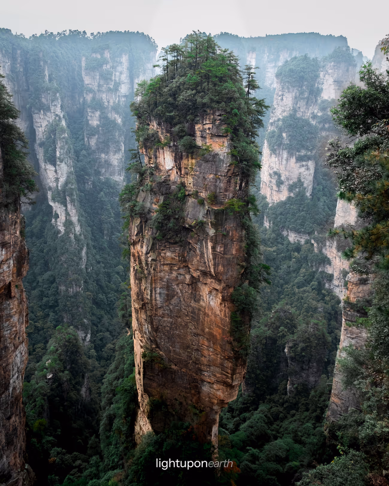 huge free-standing rock pinnacle with vegetation growing on top