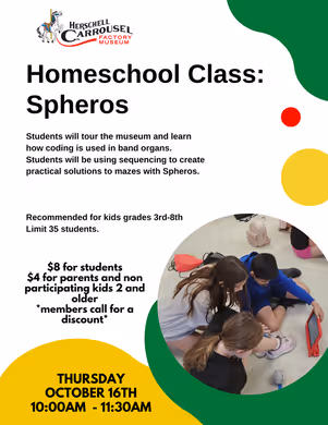 Explore coding and historic band organs at the Herschell Carrousel Factory Museum on October 16th during this hands-on homeschool workshop for grades 3–8.