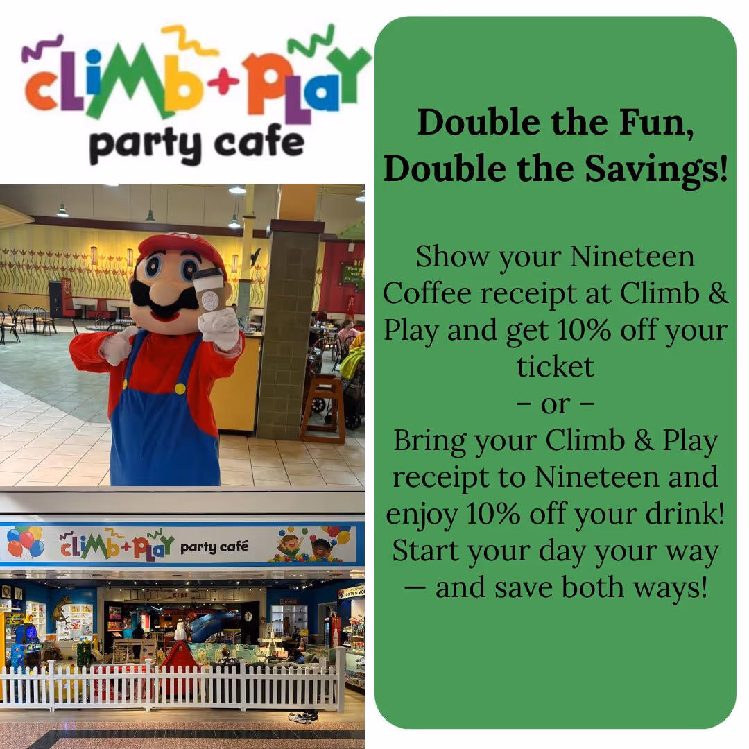 Save 10% at Climb & Play and Nineteen Coffee with Receipt Swap