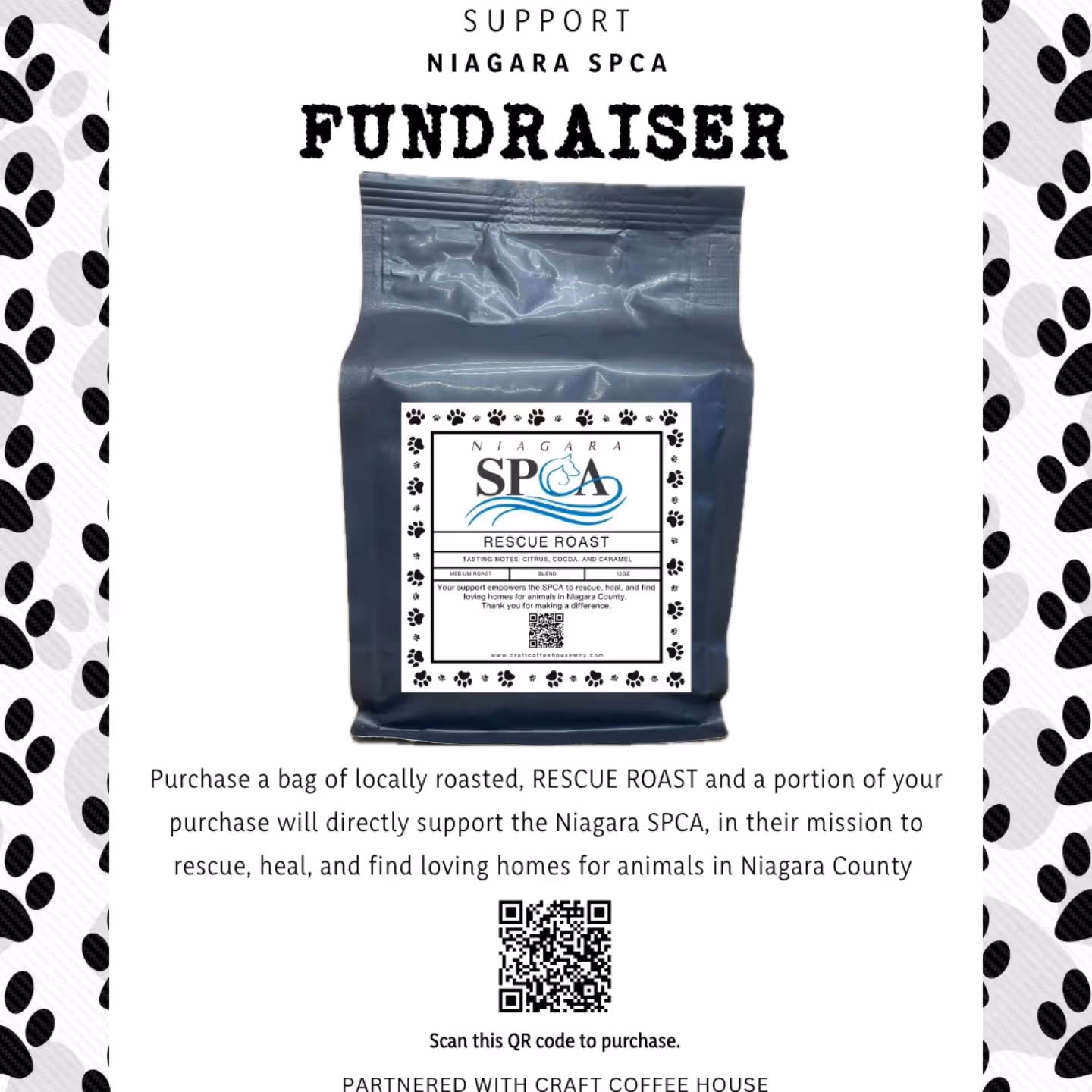 Rescue Roast coffee is now available at Craft Coffee House and online. Every purchase helps save animals. Support the Niagara SPCA with every sip!