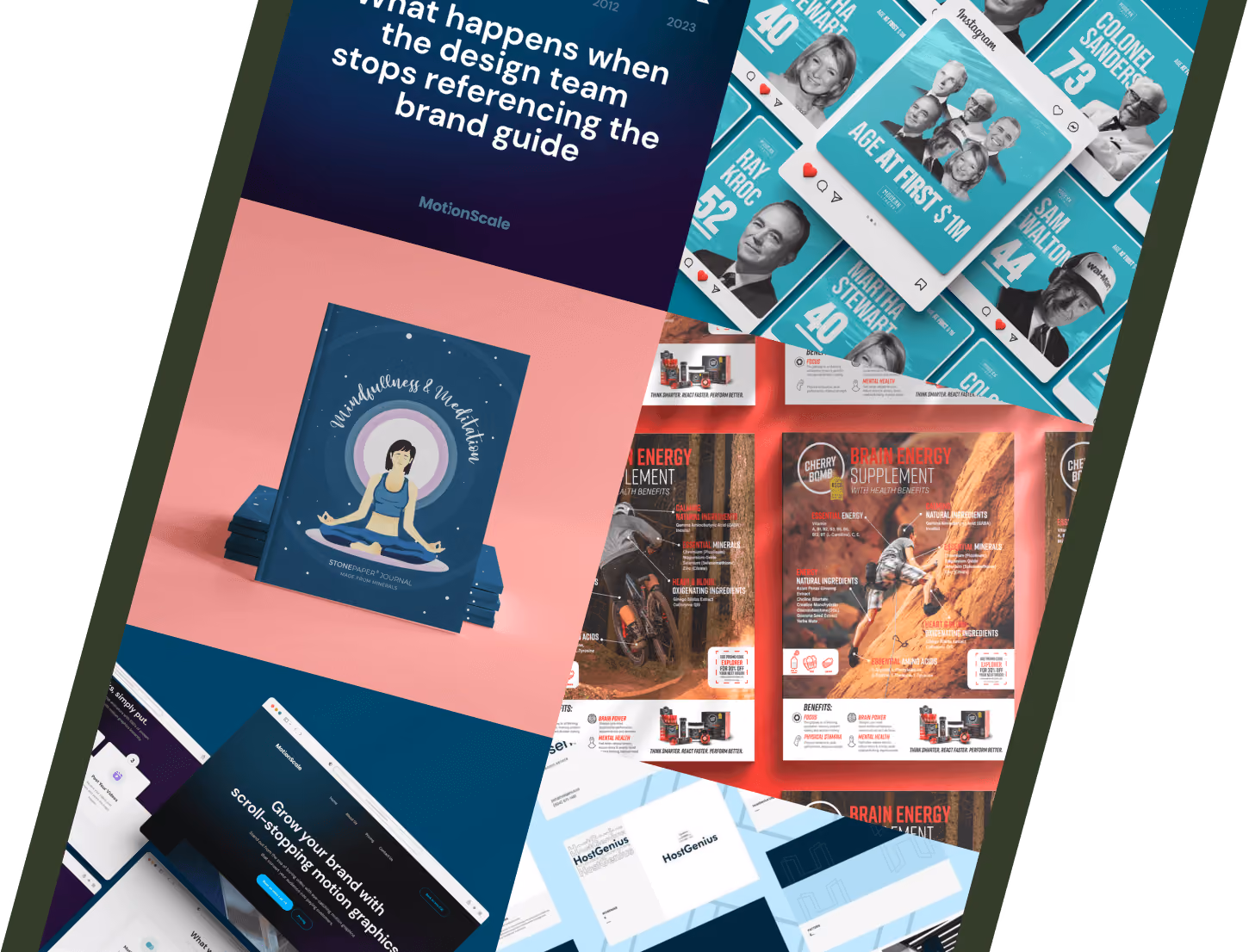 Collage of various design projects including a mindfulness journal, a social media age infographic, a brain energy supplement ad, and a motion graphics website.