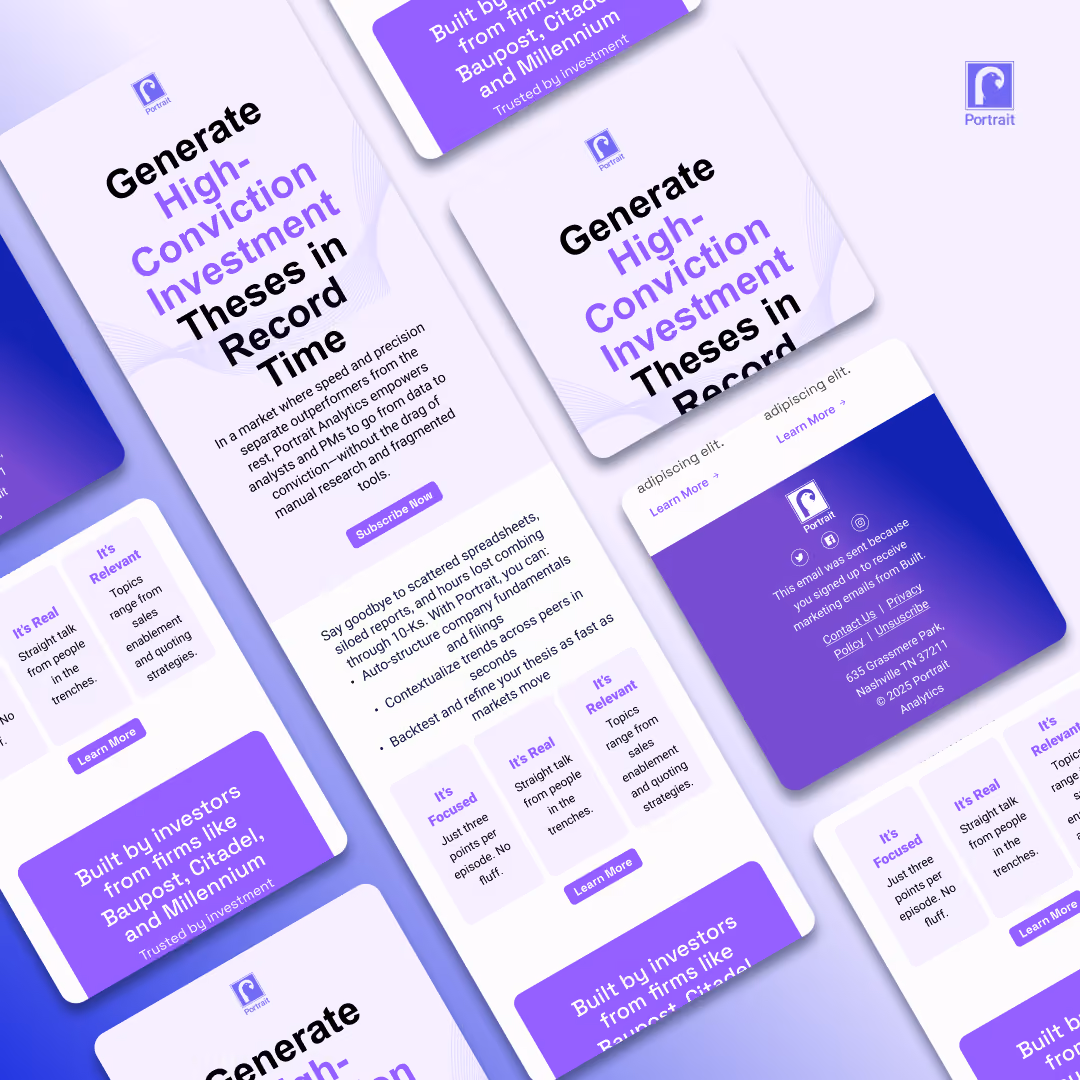 Digital marketing email showing an investment analytics promotion titled 'Generate High-Conviction Theses in Record Time' with features, benefits, and call-to-action buttons.