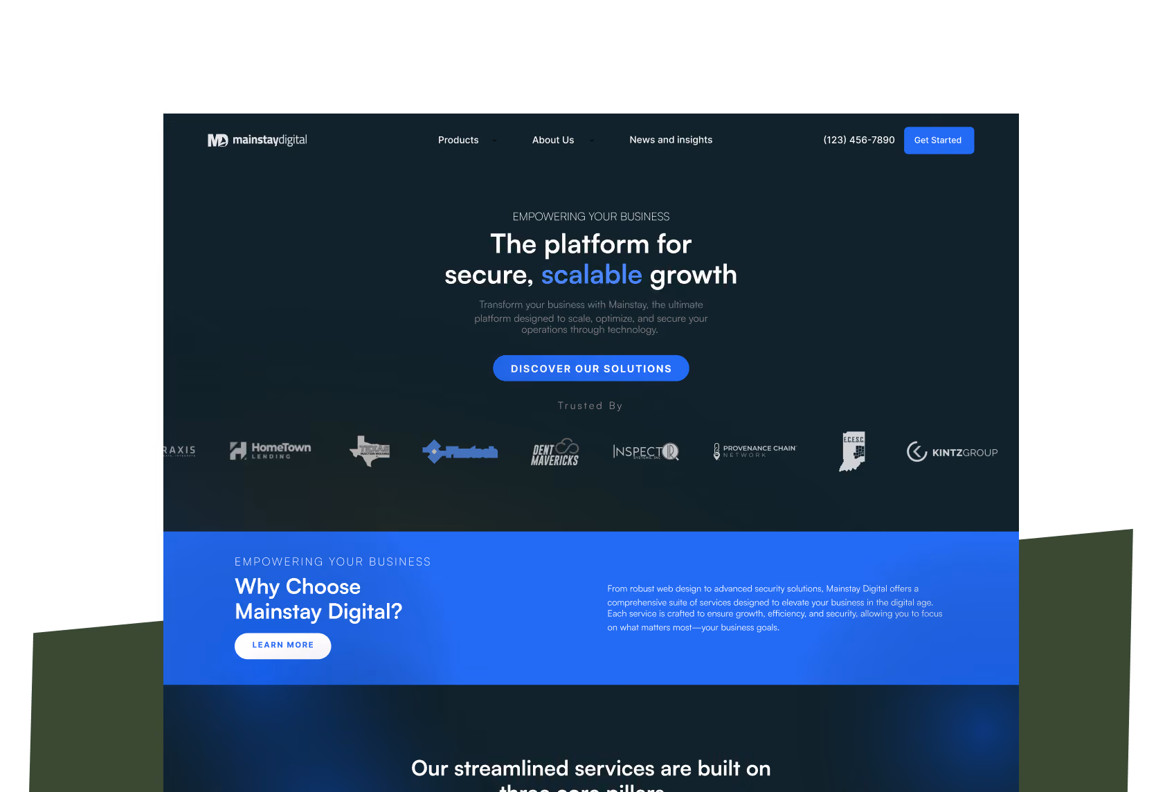 Mainstay Digital website header with navigation, slogan highlighting secure scalable growth, client logos, and a section titled 'Why Choose Mainstay Digital?'