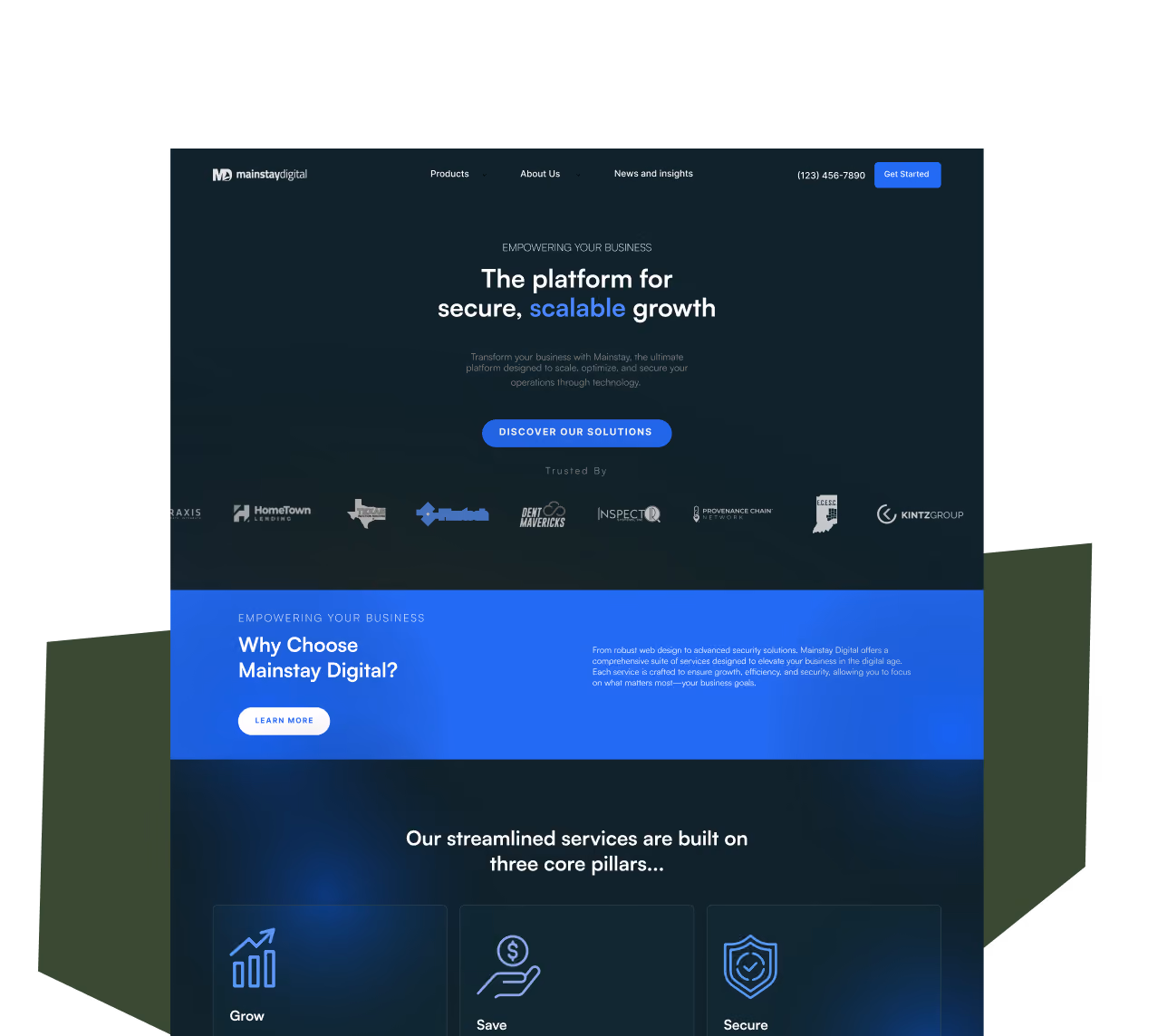 Mainstay Digital homepage with tagline 'The platform for secure, scalable growth', trust logos, and service pillars Grow, Save, Secure.