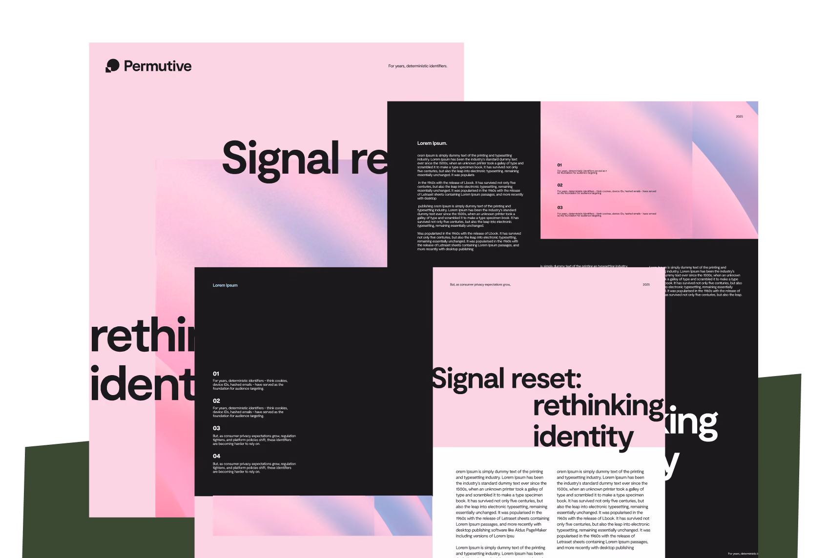 Overlapping pages of a pink and black presentation titled 'Signal reset: rethinking identity' with text blocks containing placeholder Lorem Ipsum.