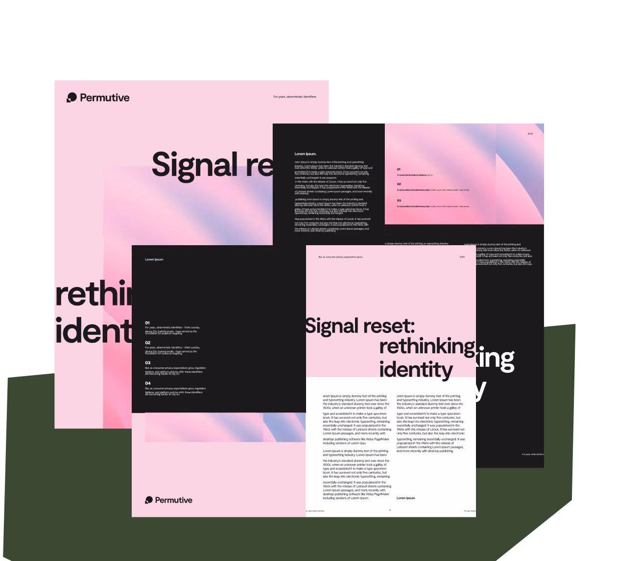 Overlapping pages of a pink and black report titled 'Signal reset: rethinking identity' with text blocks and abstract gradient backgrounds, by Permutive.
