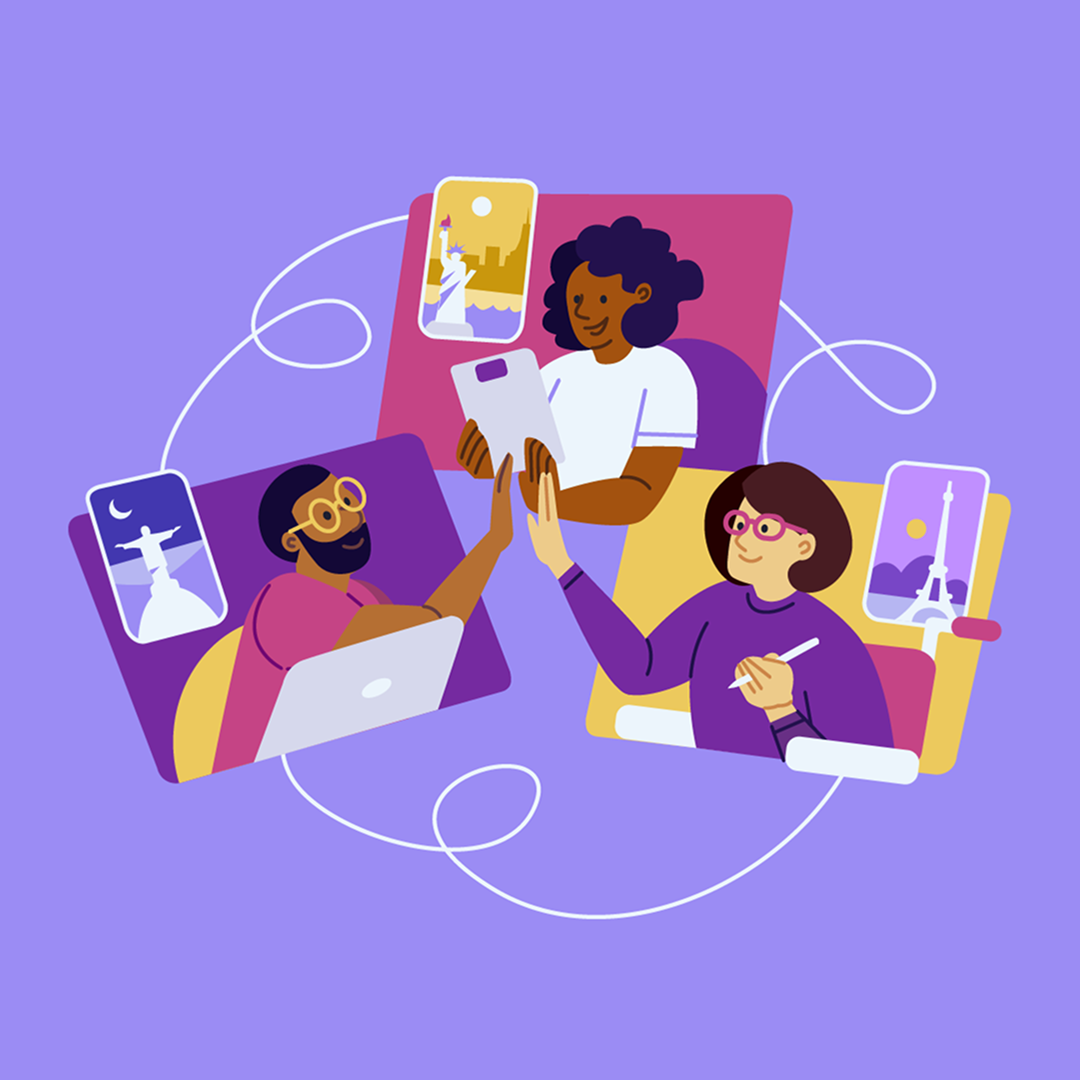 Illustration of three diverse people collaborating via video call, sharing a high-five with landmarks like the Statue of Liberty, Christ the Redeemer, and Eiffel Tower in background frames.