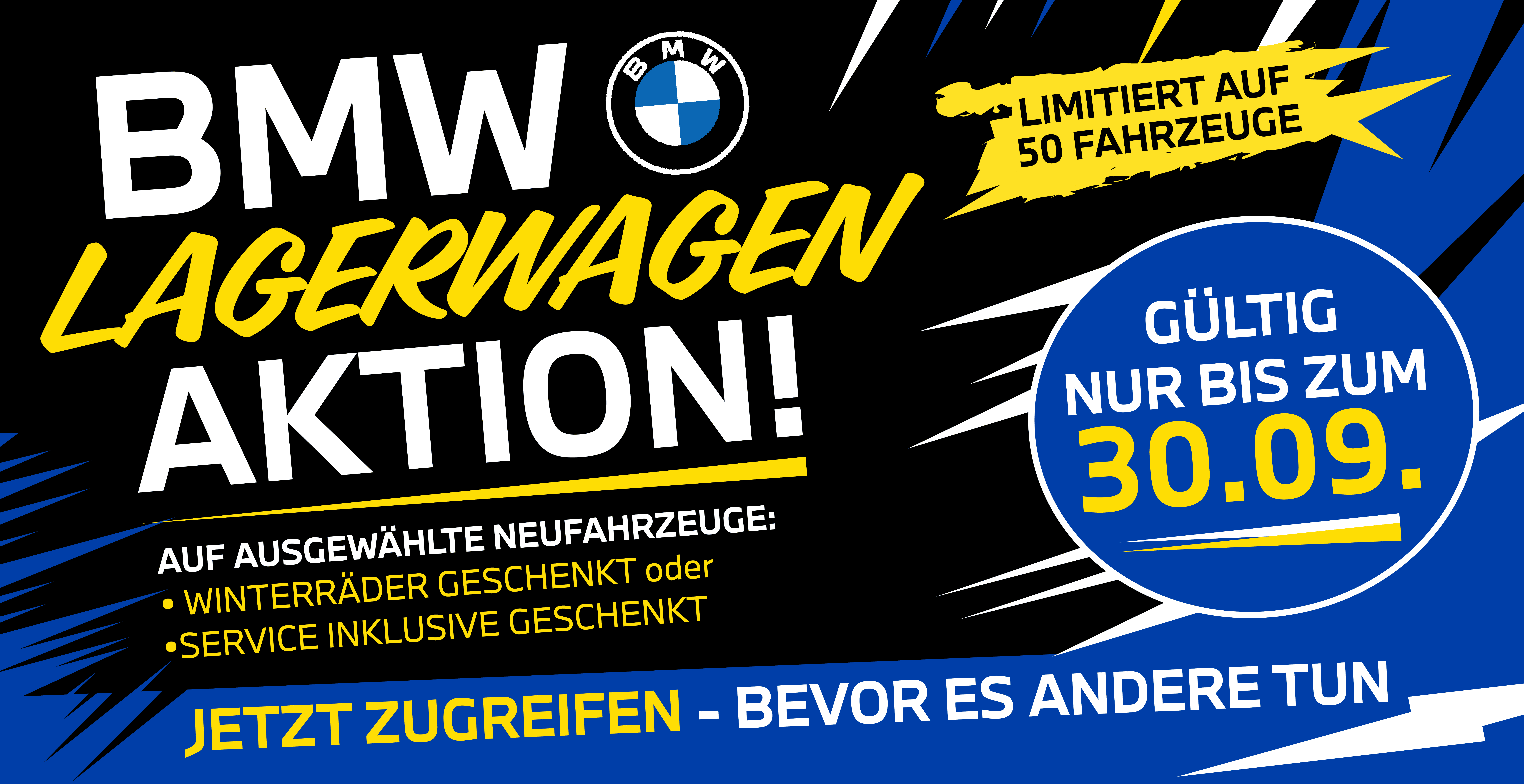 Nur für kurze Zeit: attraktive BMW Neufahrzeuge inklusive Winterräder oder Service-Paket.