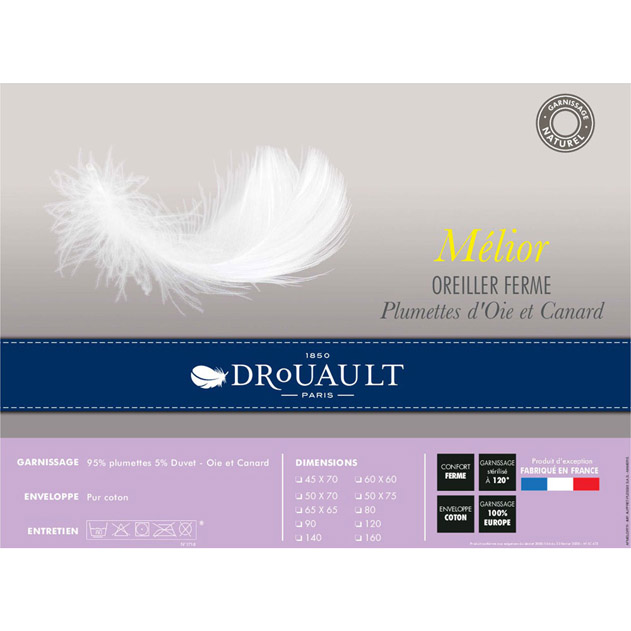 L'oreiller Mélior offre un confort ferme grâce à son garnissage de 95% de plumettes de canard et d'oie, tout en favorisant la circulation de l'air pour une meilleure régulation de la température pendant la nuit.