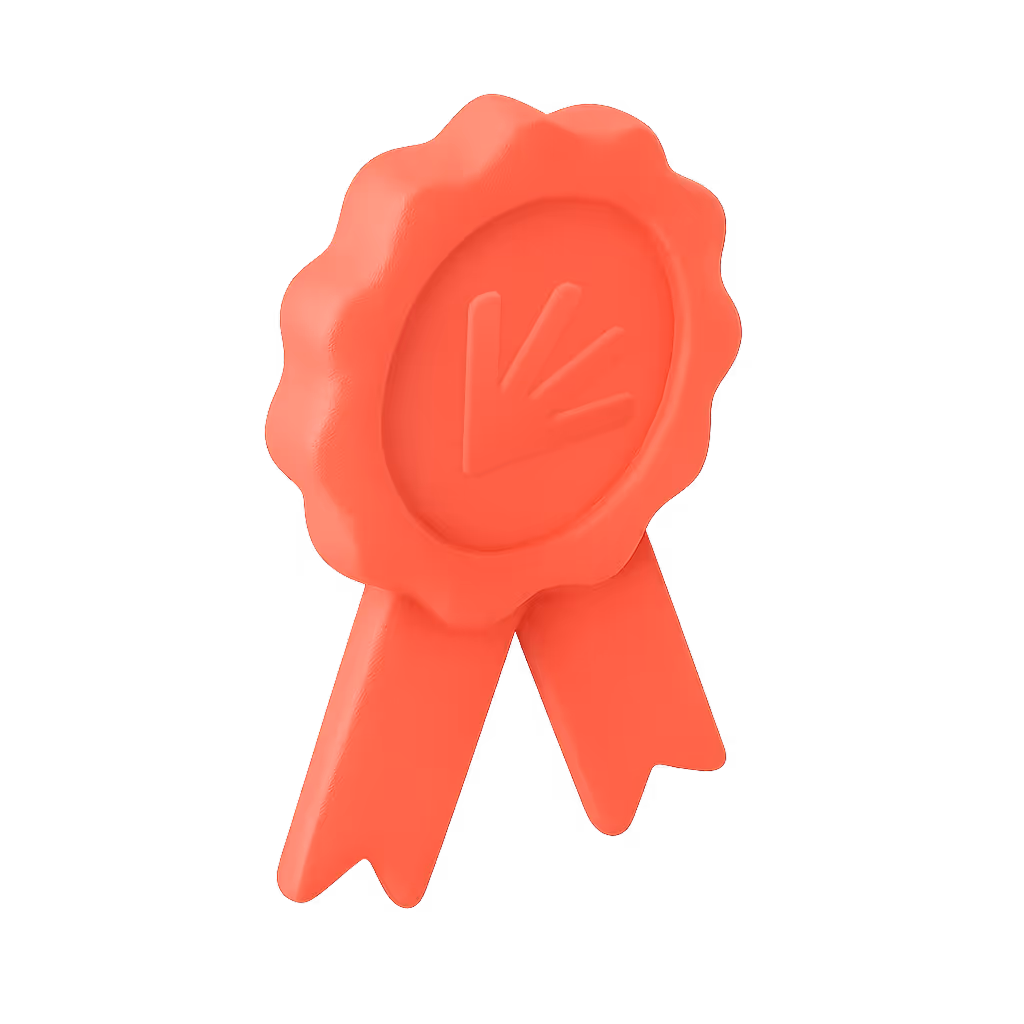 Red award ribbon medal with a downward left arrow embossed in the center.