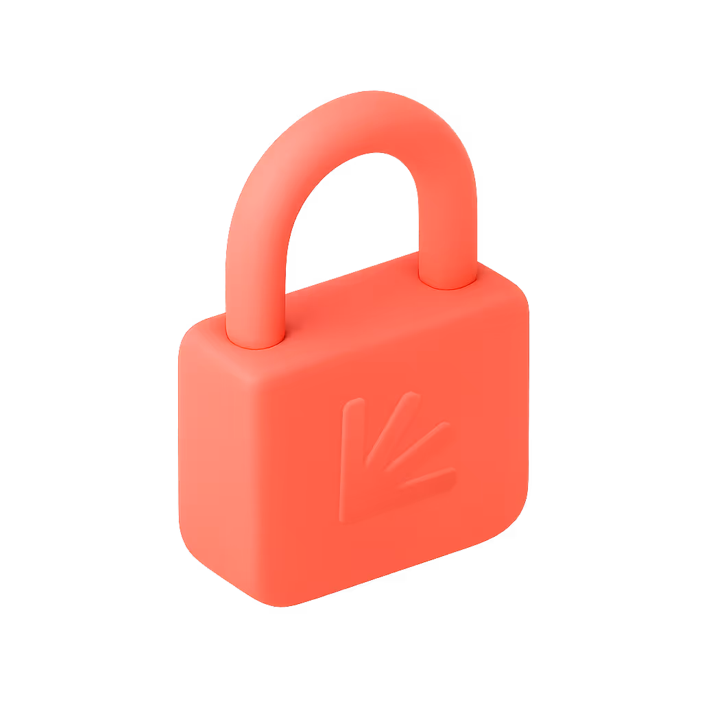 3D illustration of a coral-colored padlock with a simple handprint design on the body.