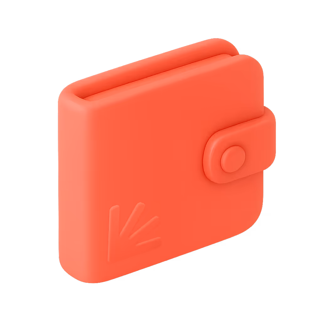 Red digital wallet icon with a button clasp and a stylized hand logo embossed on the front.
