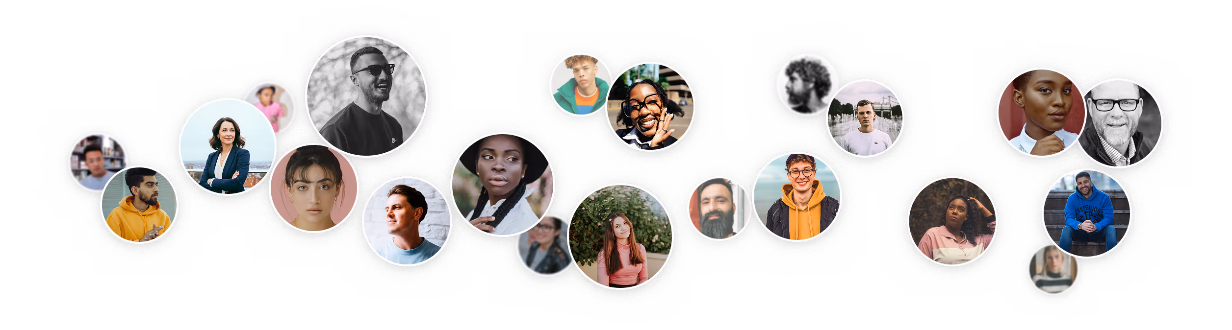 Collage of diverse individuals in circular frames, showing a variety of expressions, ages, and styles.