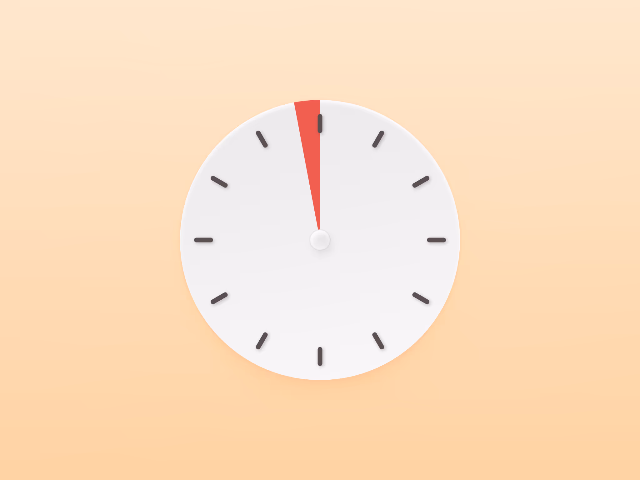 Clock face showing five minutes past twelve with a highlighted red section between 12 and 1.