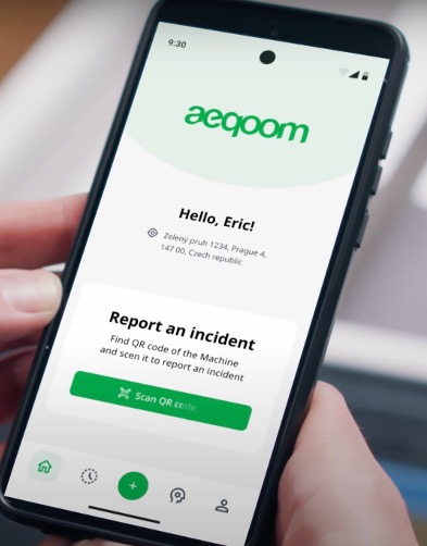 Smartphone screen showing the aeqoom app interface with a greeting to Eric and a button to scan QR code to report an incident.