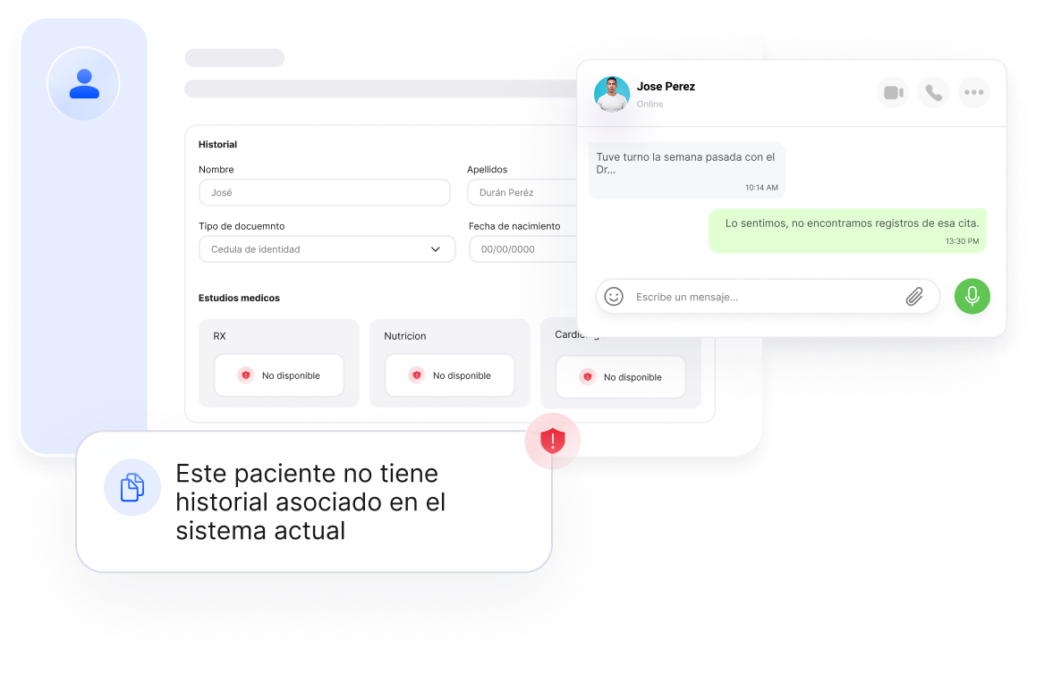 Interfaz médica mostrando información del paciente José Durán Pérez sin historial disponible y chat con José Pérez notificando que no se encontraron registros de una cita.