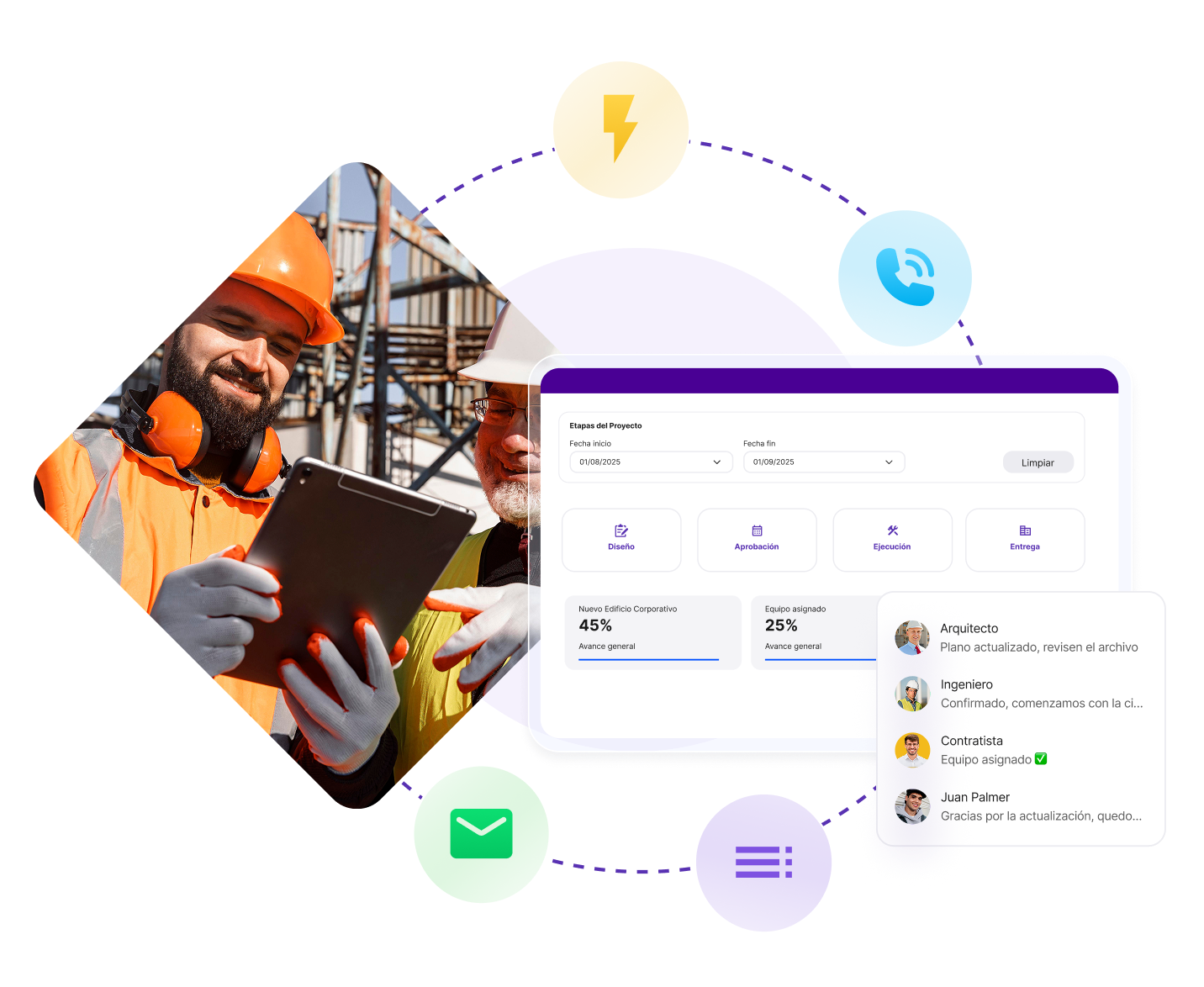 Dos trabajadores de construcción con cascos revisan una tablet junto a una interfaz digital que muestra etapas del proyecto, avance y mensajes de equipo.