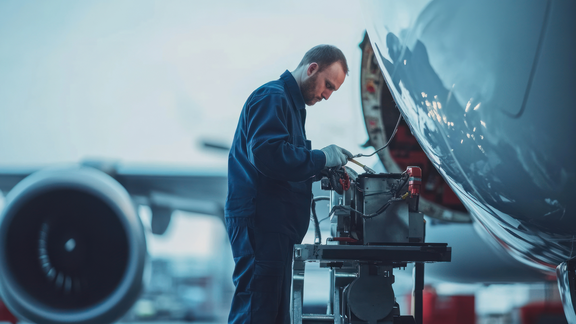 An aviation technician inspects and tests aircraft components with specialized tools near the open panel of an airplane.