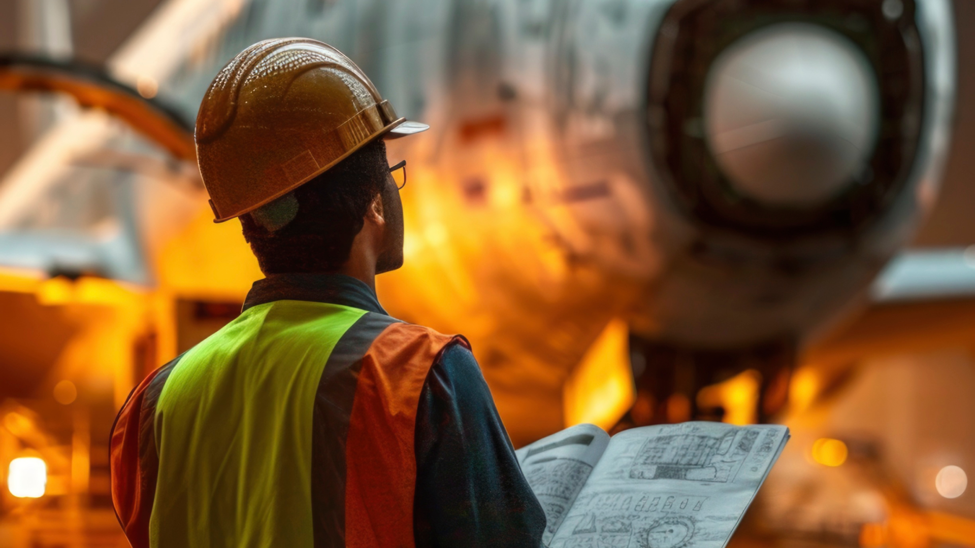 An aircraft mechanic wearing safety gear and a hard hat, holding technical manuals while inspecting an airplane under specialized lighting conditions.
