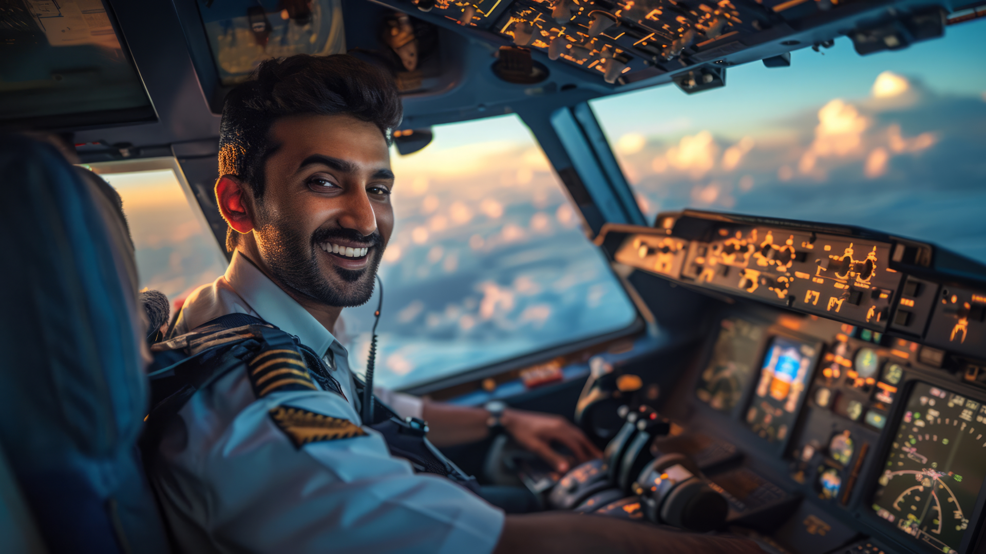 An airline captain inside a cockpit, smiling while monitoring aircraft instruments and avionics during a static system check in flight.