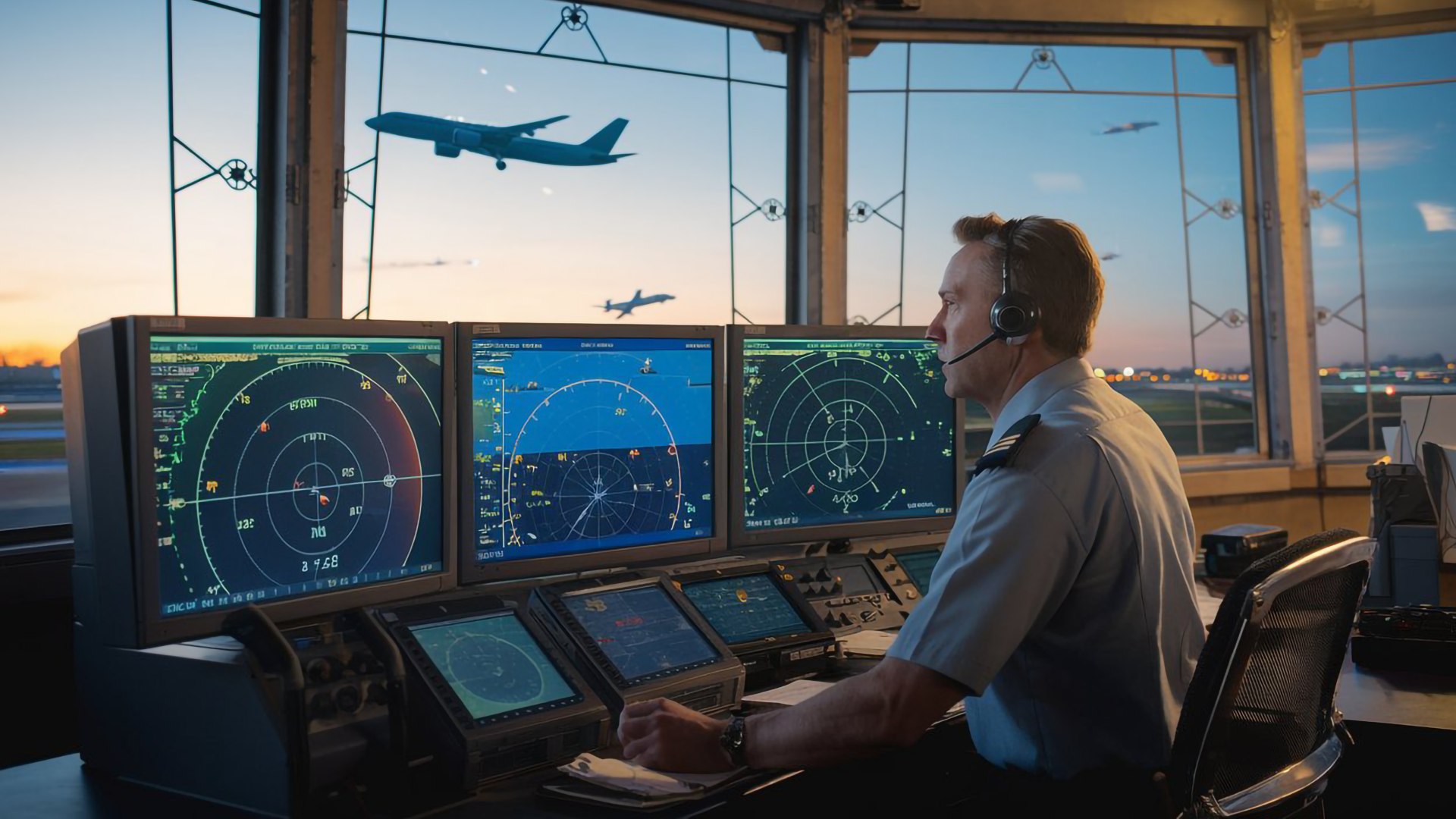 An air traffic controller in a tower monitoring radar screens while aircraft take off and land at sunset in the background.